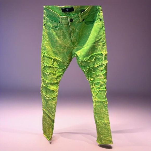 Focus Jeans Men’s 38L Neon Green Distressed Skinny Fit - Picture 1 of 6